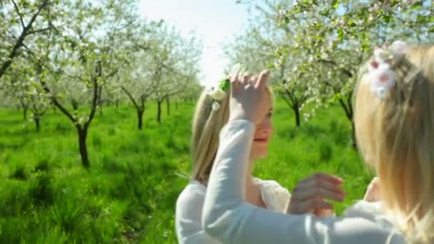 Schwestern-Zwillinge spazieren gemeinsam durch blühenden Apfelgarten. — Stockvideo