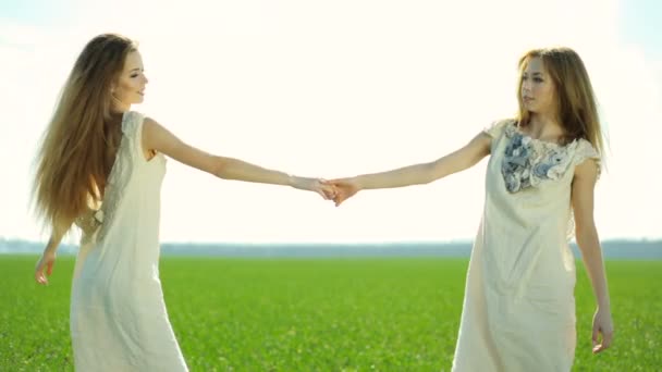 Zwillingsmädchen in weißen Kleidern spazieren an einem sonnigen Tag über eine grüne Wiese. — Stockvideo