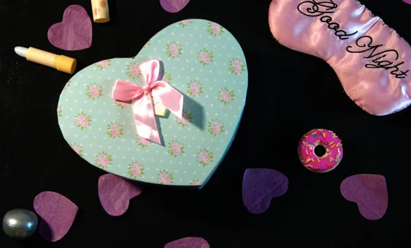 Karte Weibliches Glück Geschenke Herz Gläser Make Produkte Einem Romantischen — Stockfoto