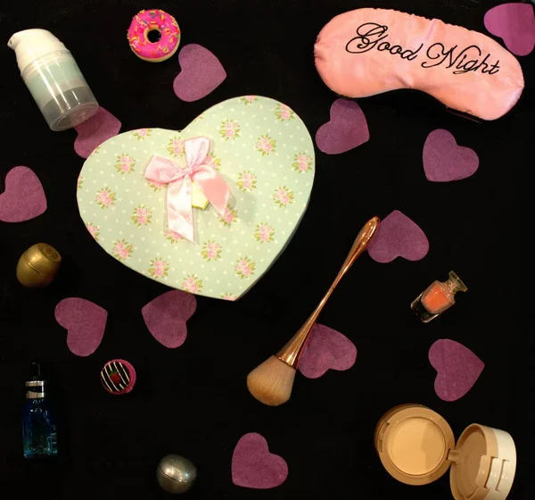 Karte Weibliches Glück Geschenke Herz Gläser Make Produkte Einem Romantischen — Stockfoto