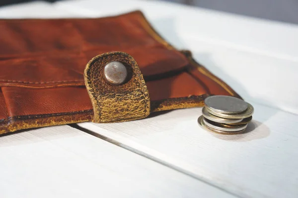 old leather wallet with a trifle, no money, waiting for a salary, inflation