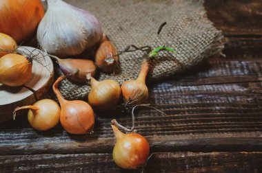 Köknar için soğan ve eski ahşap bir masada karanfil, bir arkaplan için bir yazı için, bir toprak sembolü.