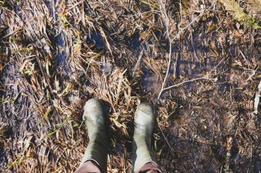 Bahar ormanlarında lastik çizmeli bir adam su birikintilerinde yürür.