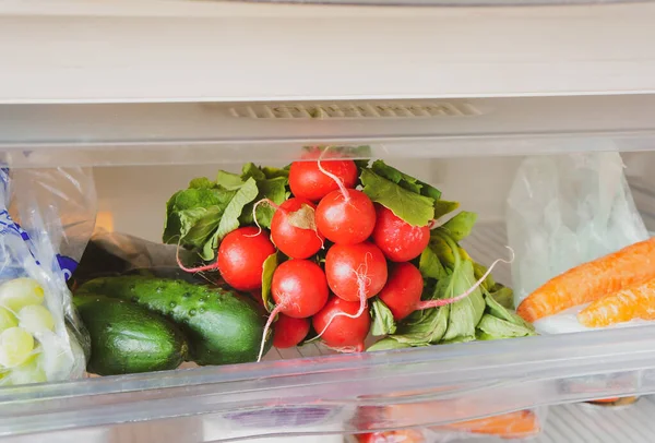 冰箱架子上有健康新鲜的蔬菜 胡萝卜 沙拉配料 — 图库照片
