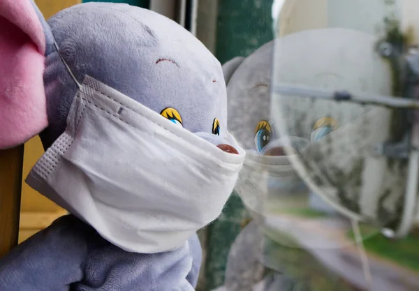 コロナウイルスから保護するためのマスクを身に着けている柔らかいおもちゃは窓の外を見て シンボルカバー19 — ストック写真
