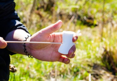 Kız piknikte şişe lokum koyuyor.