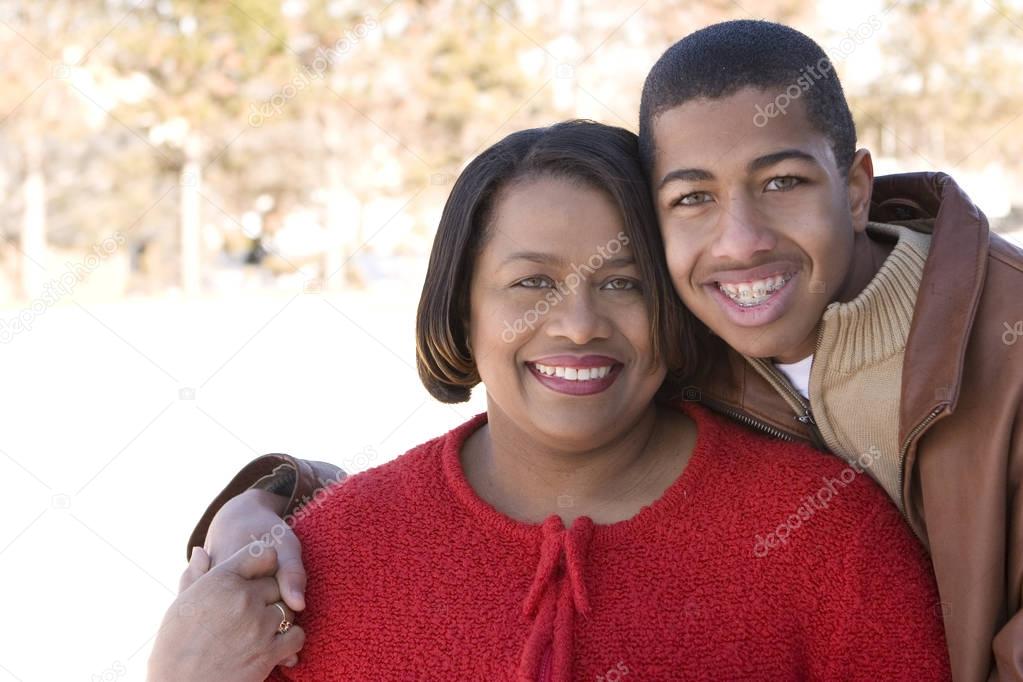 African American mother and her teenage son.