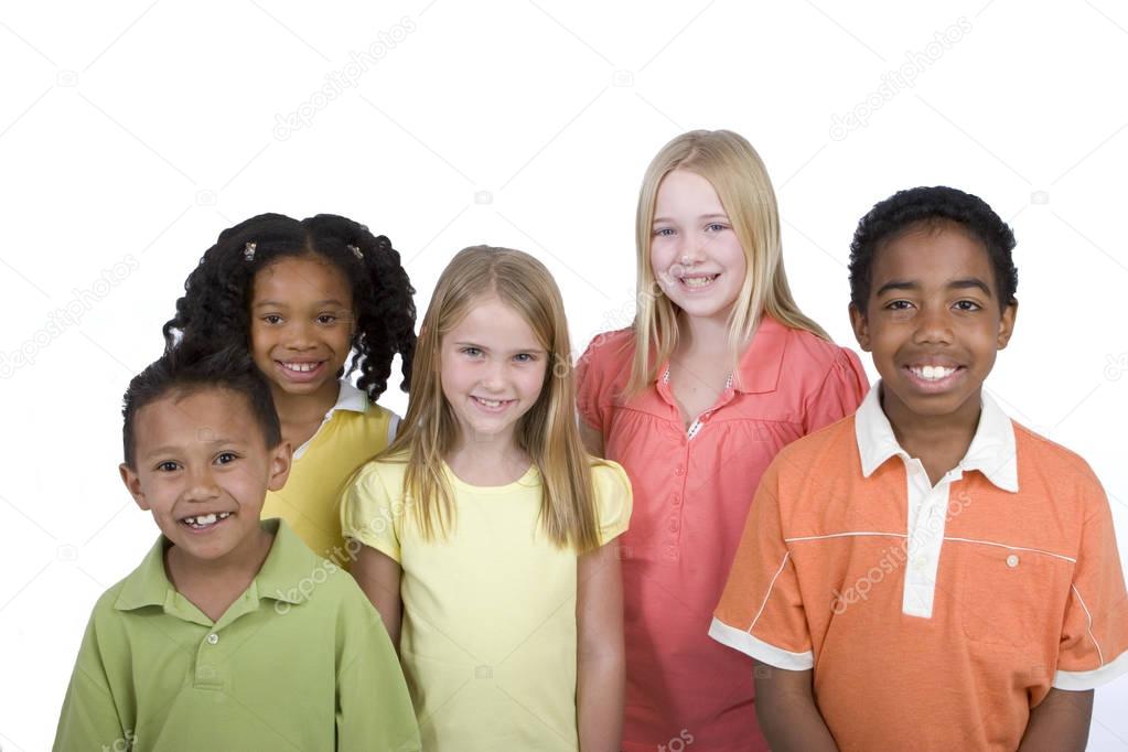 Happy diverse group of kids isolated on white.