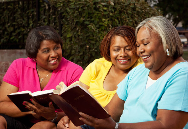 Mature group of women talking and reading.