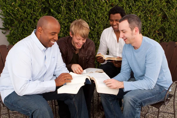 Étude biblique de groupe des hommes. Petit groupe multiculturel . — Photo