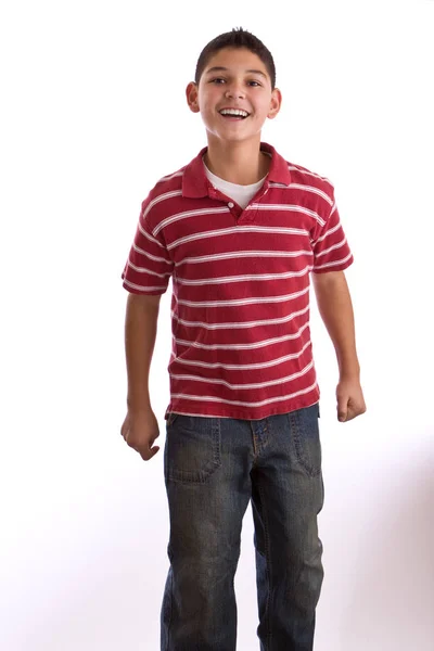 행복 한 화이트에 고립 된 젊은 소년 점프. — 스톡 사진