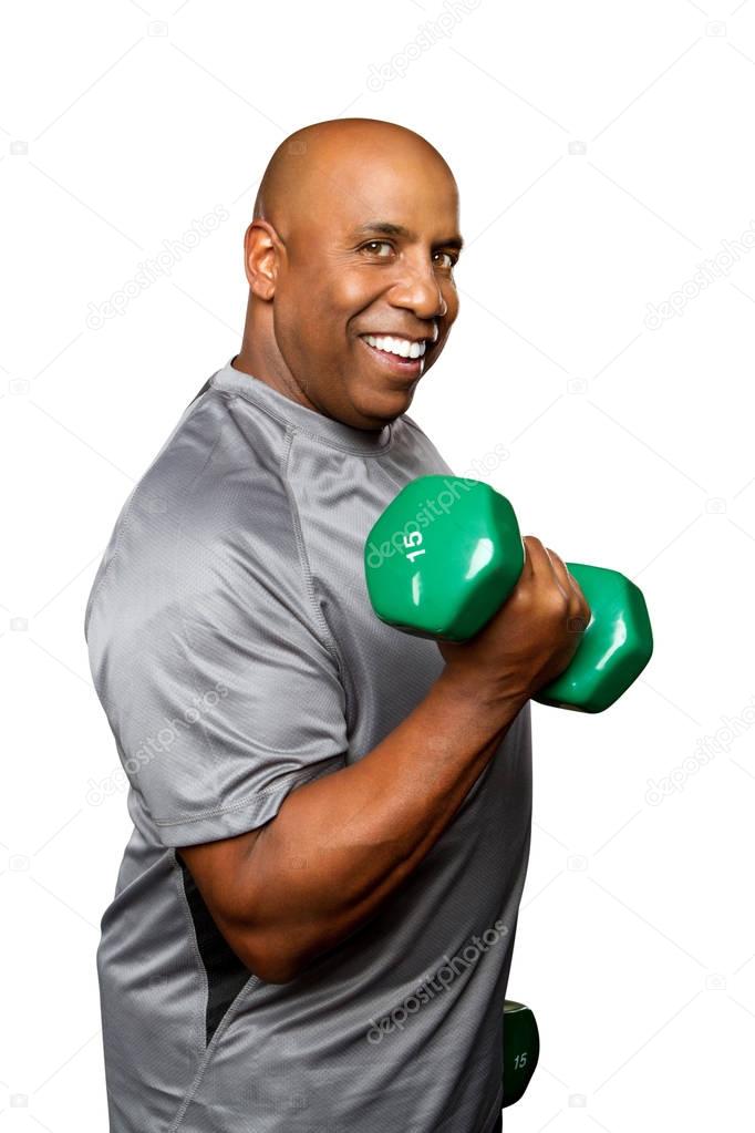 African American man lifting weights.