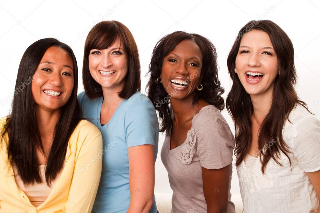 Diverse group of women talking and laughing.