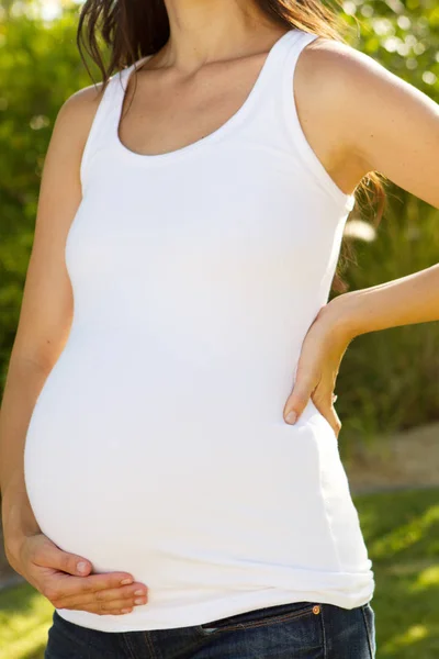 Mujer embarazada feliz fuera en la naturaleza . — Foto de Stock