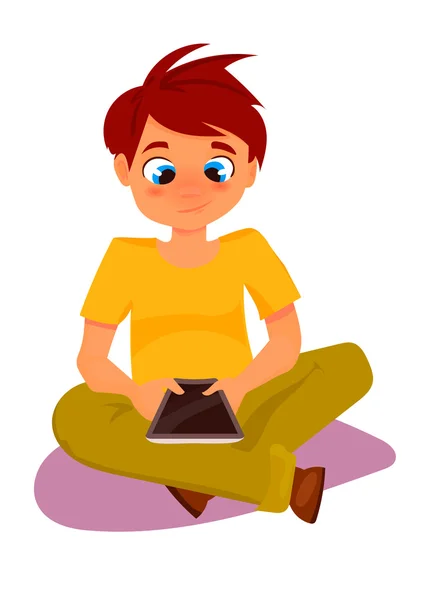 Child boy played in tablet, vector cartoon concept — Διανυσματικό Αρχείο