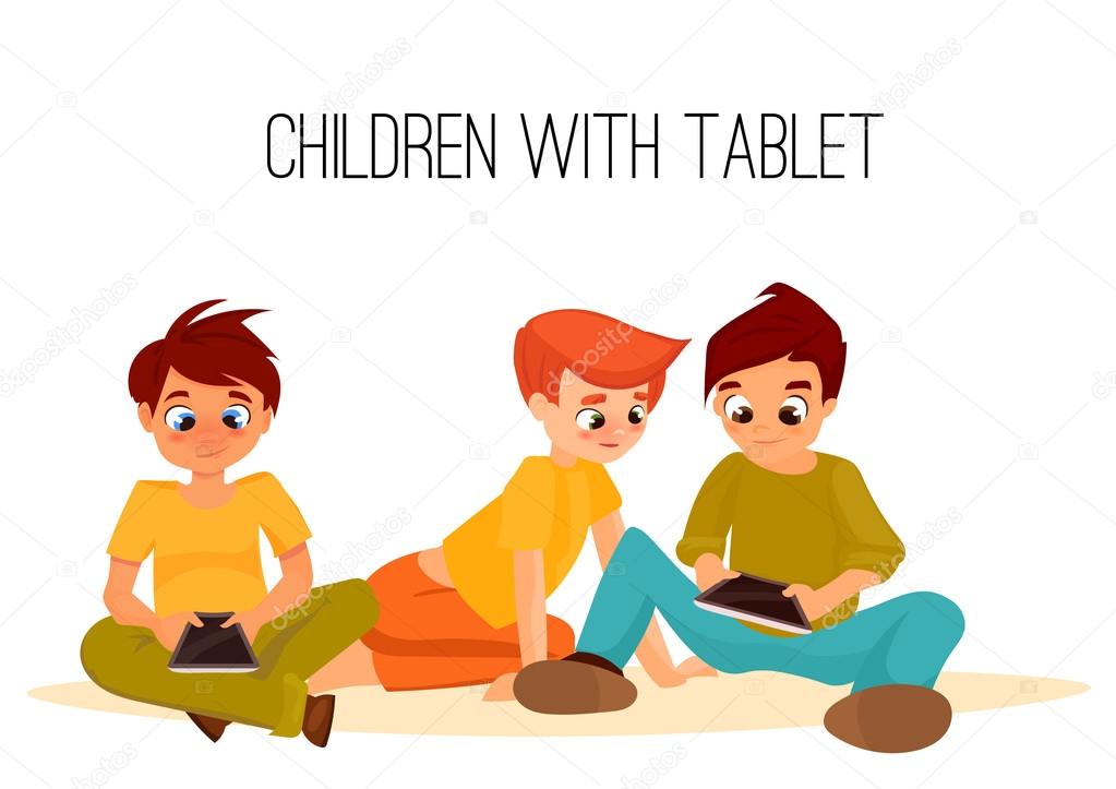 Children girls of different ages played in tablet. gadget addiction