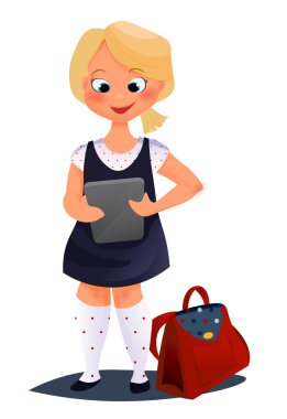 Eğitim, okul, teknoloji ve internet kavramı - tablet konaklama ile küçük kız