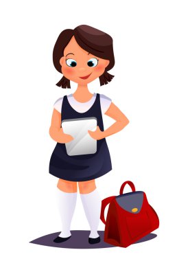 Eğitim, okul, teknoloji ve internet kavramı - tablet konaklama ile küçük kız