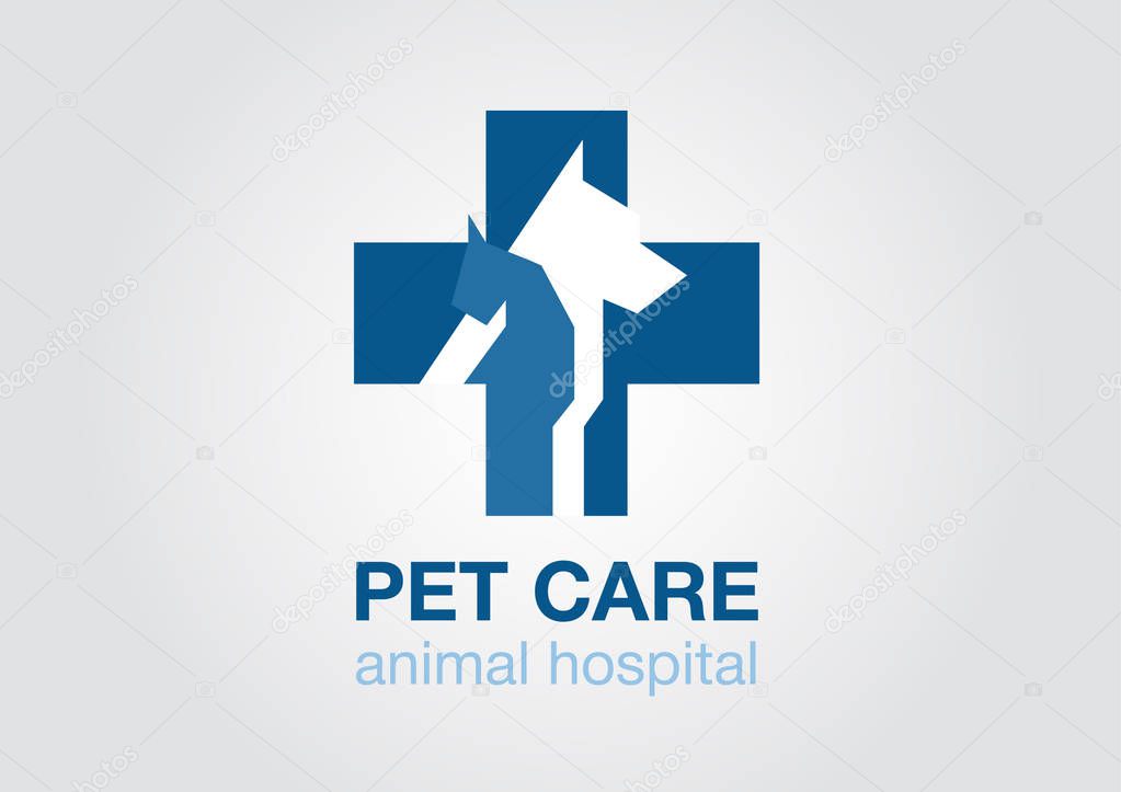 Veterinary cross and pets on white background. flat logo. animal icon. symbol with dog and cat. blue color