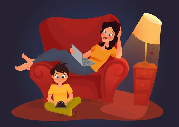 Young mother is working at home, cartoon illustration — Stock Photo, Image