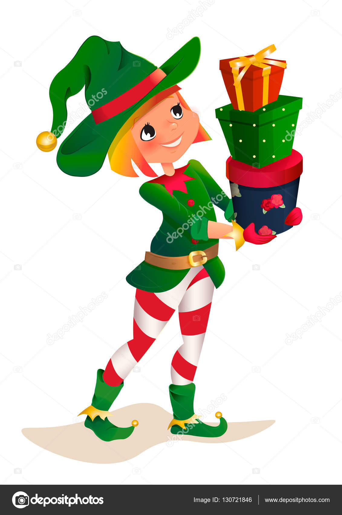 Nano di Babbi Natale su una priorit  bassa bianca Personaggio di fumetto di bambino di helper di elfo di Babbo Natale contenitore di regalo — Vettoriali