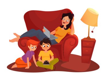 kız online film izliyor. Genç anne evde çalışan beyaz arka plan üzerinde vektör çizgi film illüstrasyon izole