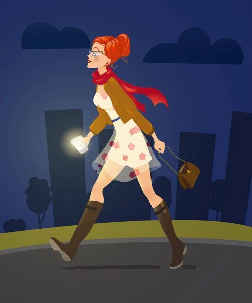 Dívka s mobil sám chůzi v noci alley. ženská postava. — Stock fotografie