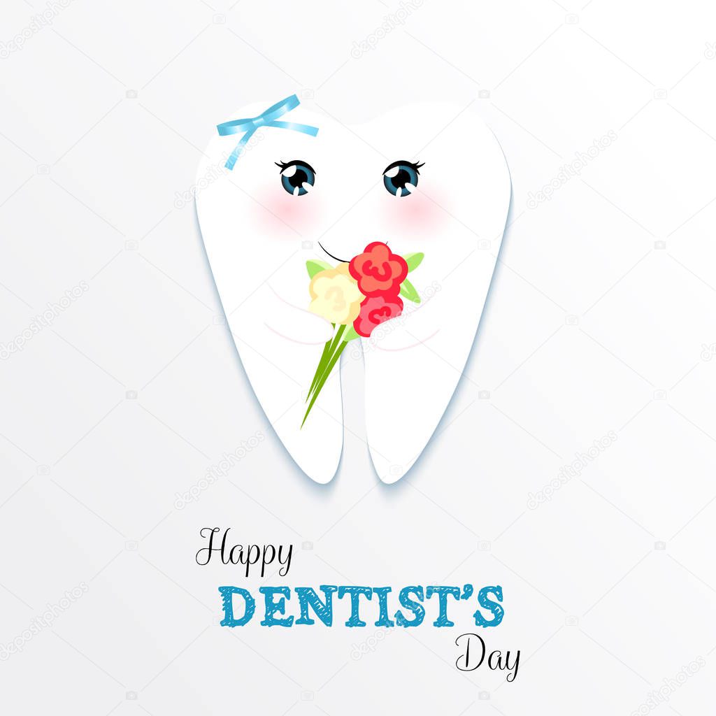 Cute greeting card Happy Dentist Day as funny smiling cartoon character of tooth with golden glitter crown