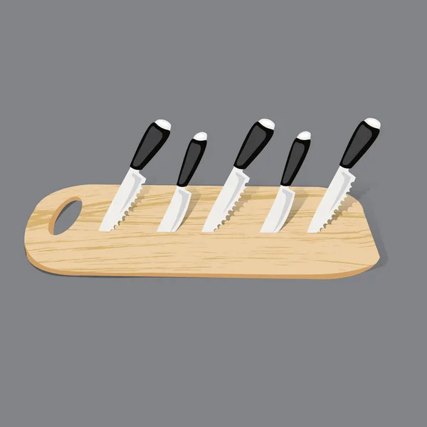 Set of kitchen knives on a board, top view — Stock Vector