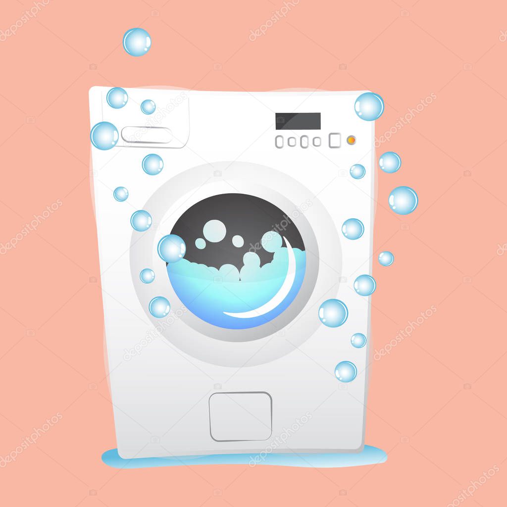 Red washing machine in flat style. isolated on pink background. modern vector illustration