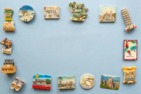 Various Souvenir Magnets Several World Country Arranged Blue Background Royalty Free Stock Images