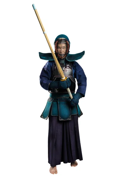 Maschio nella tradizione armatura kendo con shinai (spada di bambù ). — Foto Stock
