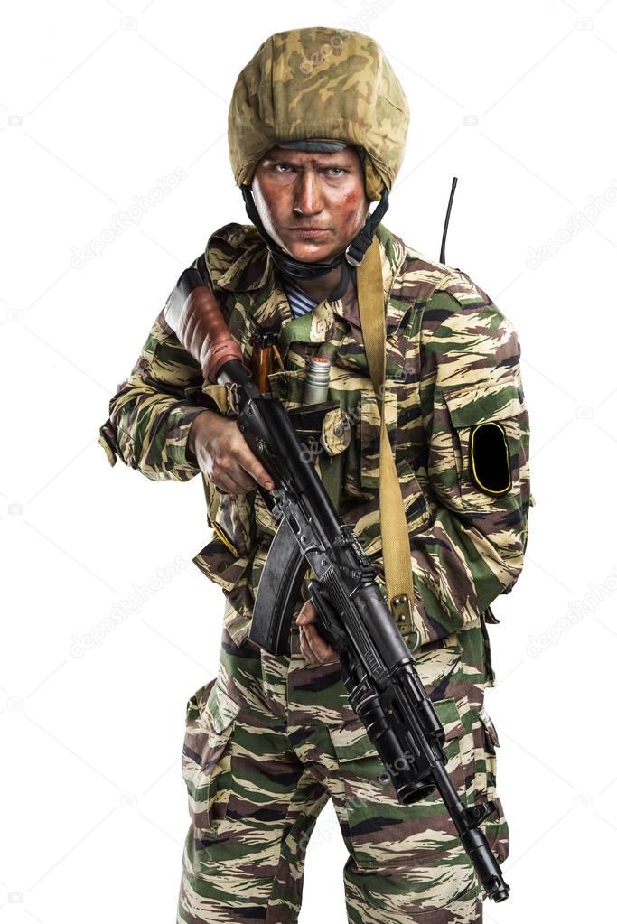 Male in uniform conforms to Russian army special forces (OMON) in War in Chechnya.