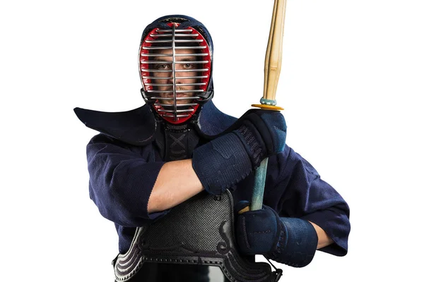 Männchen in der Tradition Kendo Rüstung mit Schwert. — Stockfoto