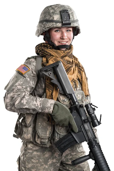 Kvinnlig Us Army soldat med gevär. — Stockfoto