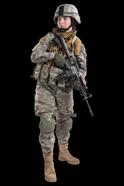 Perempuan Tentara AS dengan senapan . — Stok Foto