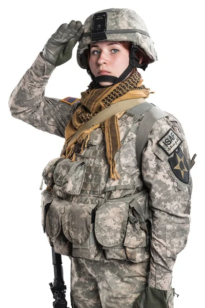 Kadın ABD Ordusu asker tüfeği ile.