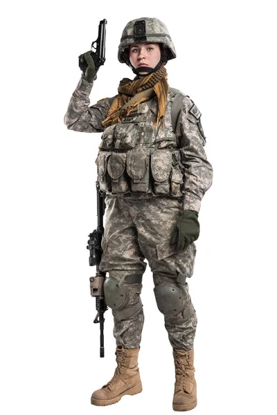 Kadın ABD Ordusu asker tüfeği ile. — Stok fotoğraf