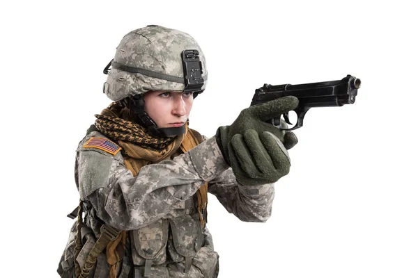 Kvinnlig Us Army soldat med gevär. — Stockfoto