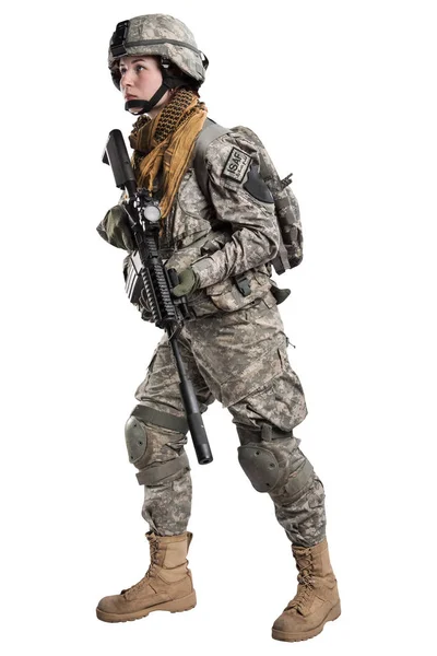 Female US Army soldier with rifle. — Stock Photo, Image