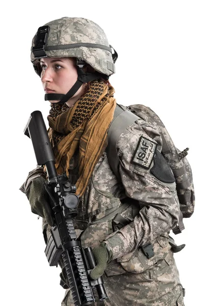 Kobiece Us Army żołnierz z karabinem. — Zdjęcie stockowe