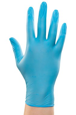 Mavi eldivenli erkek doktor el hareketi yapar. Stüdyoda çekilmiş. Beyaz arkaplanda kırpma yolu ile izole edildi