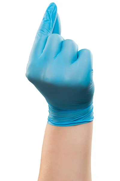Man Dokter Hand Hand Blauwe Handschoen Maken Gebaar Studio Neergeschoten — Stockfoto