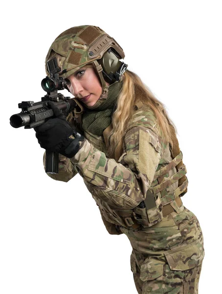 Soldatin Taktischer Uniform Mit Gewehr Gedreht Studio Isoliert Mit Clipping — Stockfoto