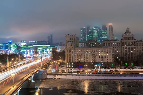 Moscow Russia January 2017 Night View Borodinsky Bridge Moskva River — Stock Photo, Image