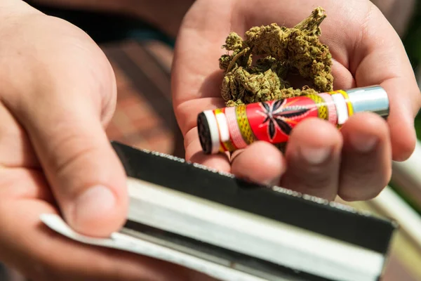 Männliche Hand Hält Knospen Mit Medizinischem Marihuana Und Feuerzeug Mit — Stockfoto