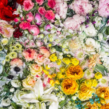 Çiçek arkaplan. Renkli kompozisyonda bir sürü yapay çiçek.