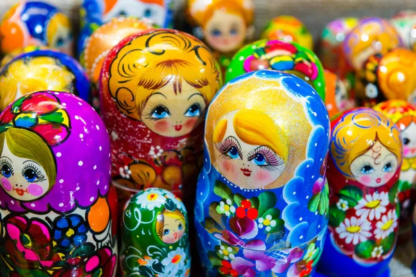 Beautiful colourful wooden dolls matryoshka at market. Matryoshka dolls is folks cultural symbol of Russia