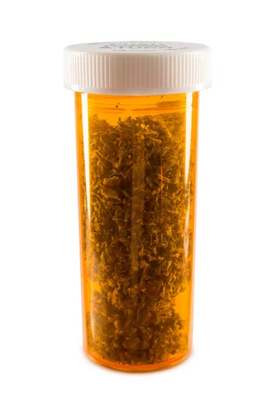 Närbild Medicinsk Marijuana Gul Piller Flaska Vit Bakgrund — Stockfoto