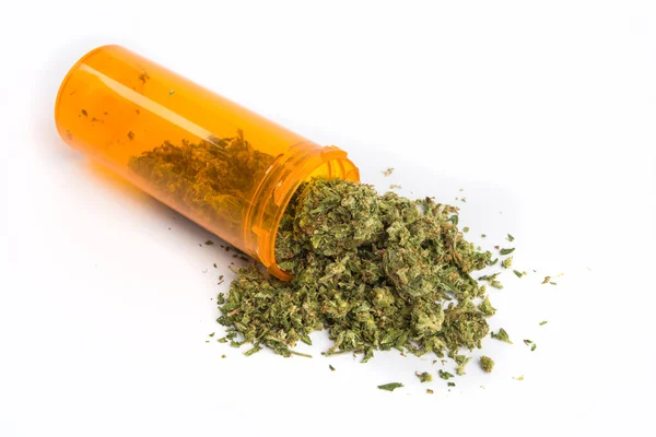 Närbild Medicinsk Marijuana Gul Piller Flaska Vit Bakgrund — Stockfoto